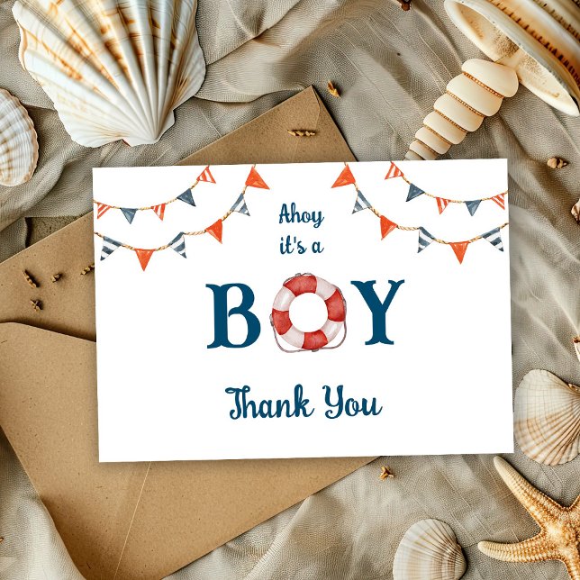 Carte De Remerciements Ahoy C'est un garçon Baby shower nautique (Créateur téléchargé)