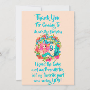 Carte De Remerciements Ajouter un nom Age Rose Sirène Blue Tail Anniversa