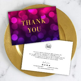 Carte De Remerciements Ajouter Votre Logo Magenta Bokeh Lights Faux Gold
