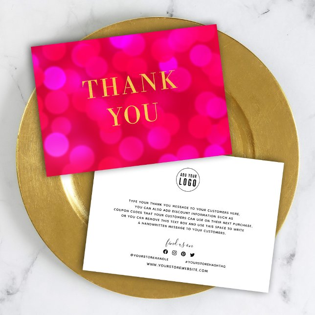 Carte De Remerciements Ajoutez Votre Logo Bokeh Lights Rose Faux Gold (Créateur téléchargé)