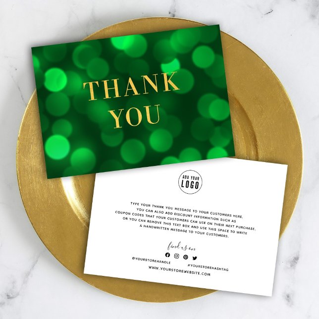 Carte De Remerciements Ajoutez Votre Logo Emerald Green Bokeh Lights Faux (Créateur téléchargé)