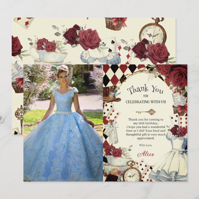 Carte De Remerciements Alice in Wonderland Floral Sweet 16 Bridal Photo (Devant / Derrière)