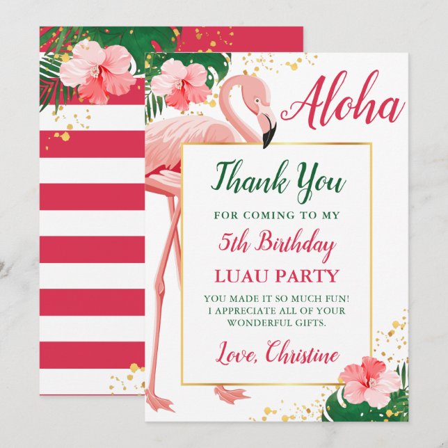 Carte De Remerciements Aloha Flamant Rose Floral Fête d'anniversaire (Devant / Derrière)