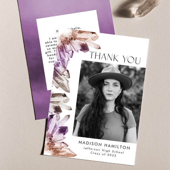 Carte De Remerciements Améthyste Aquarelle cristaux Photo Graduation (Créateur téléchargé)