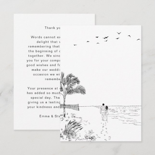 Carte De Remerciements Amour côtier Plage de sable Ligne minimale Mariage (Devant / Derrière)