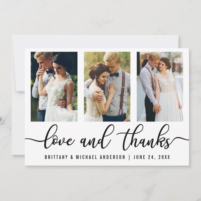 Carte De Remerciements Amour et mercis modernes de mariage de 3 photos (Devant)