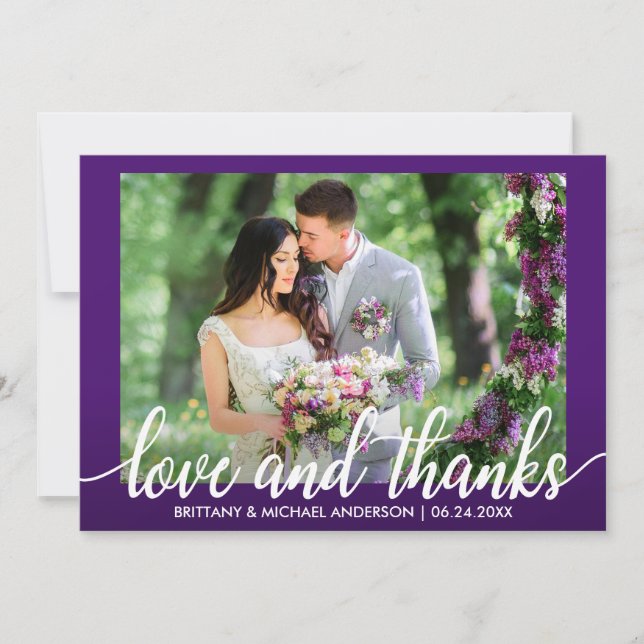 Carte De Remerciements Amour et mercis ultra-violets pourpres de mariage (Devant)