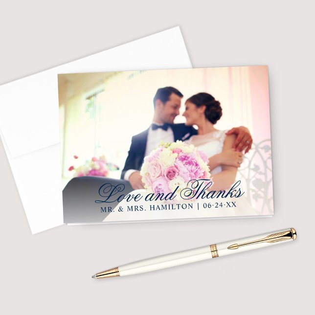 Carte De Remerciements Amour et Remerciements Photo de mariage bleu marin (Créateur téléchargé)