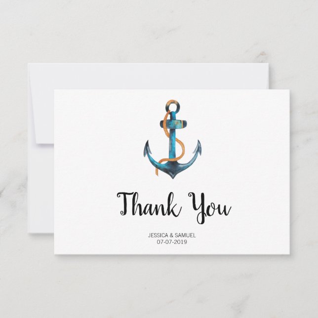 Carte De Remerciements Ancre aquarelle Mariage nautique moderne (Devant)