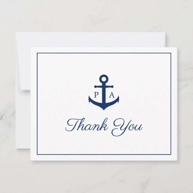 Carte De Remerciements Ancre bleu marine Monogramme Mariage nautique (Devant)
