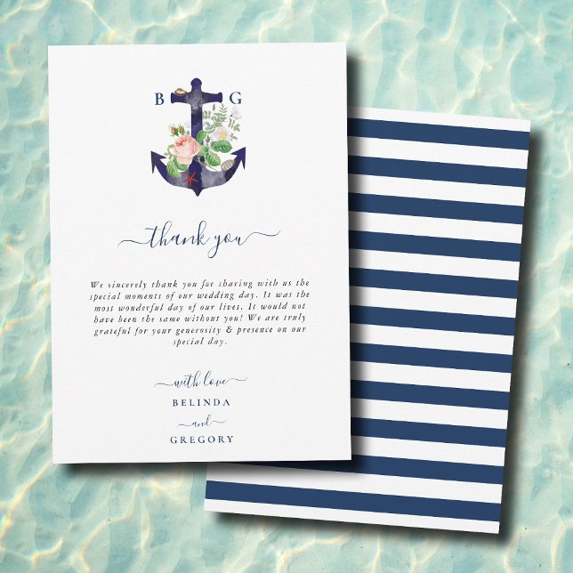Carte De Remerciements Ancre Botanique Floral Nautique Mariage d'été (Anchor Botanical Floral Nautical Summer Wedding Thank You Card)