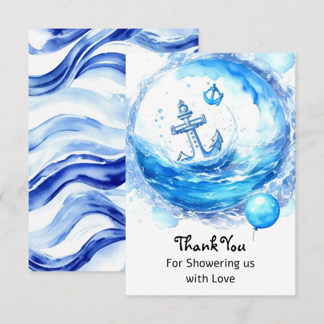 Carte De Remerciements Ancré dans la joie : Baby shower de garçons nautiq (Devant / Derrière)