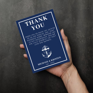 Carte De Remerciements Ancré en amour Nautique Bleu Ancre Mariage