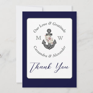 Carte De Remerciements Ancre florale avec Rope Beach Mariage Marine Blue