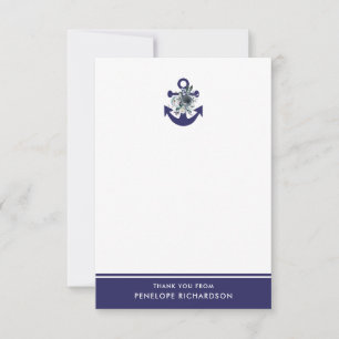 Carte De Remerciements Ancre florale nautique de bleu marine des fleurs  
