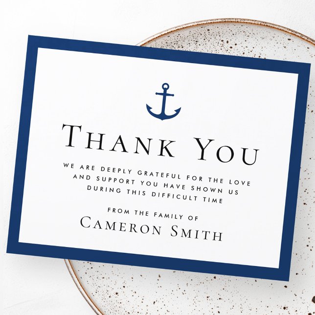 Carte De Remerciements Ancre marine bleu foncé frontière funéraire sympat (Nautical anchor dark blue border funeral sympathy thank you card)