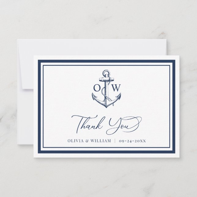 Carte De Remerciements Ancre marine nautique Mariage de monogramme (Devant)