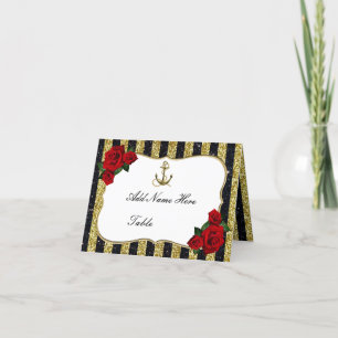 Carte De Remerciements Ancre nautique Gold Black Stripe Table Place Card