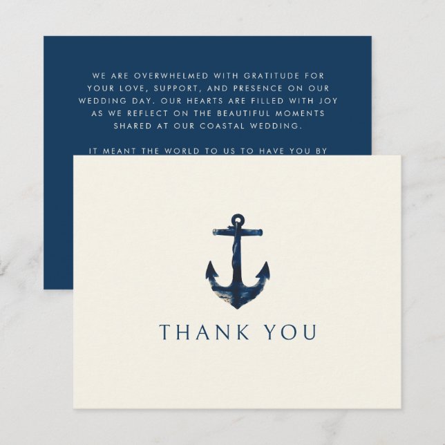 Carte De Remerciements Ancre nautique Mariage bleu marine moderne (Devant / Derrière)