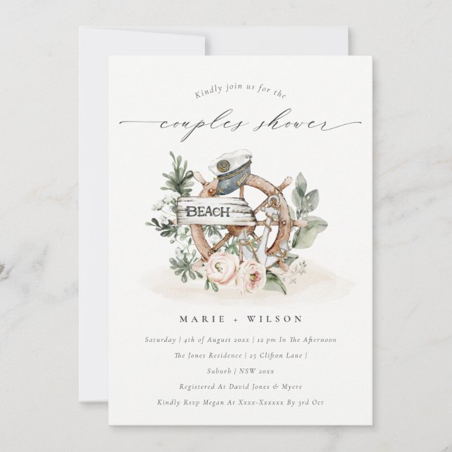 Carte De Remerciements Ancre nautique Roue Floral Couples Douche Invitati (Devant)