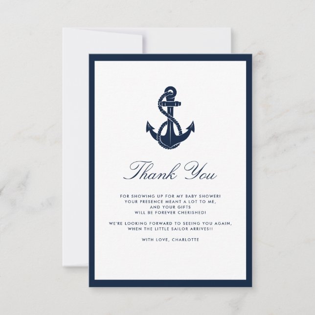 Carte De Remerciements Ancre nautique Script Baby shower garçon (Devant)
