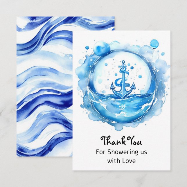 Carte De Remerciements Ancres et vagues : Baby shower nautique aquarelle (Devant / Derrière)