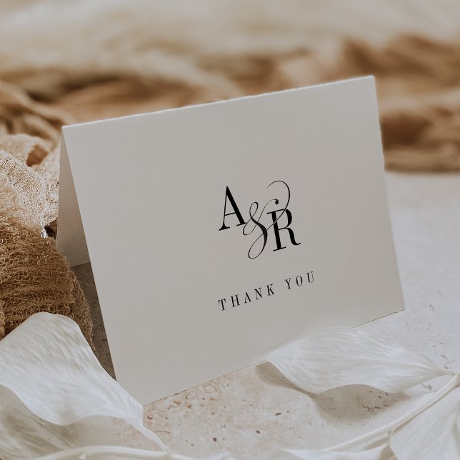 Carte De Remerciements ANDREA Plié Blanc Noir Monogramme Mariage officiel (ANDREA Folded White Black Monogram Formal Wedding Thank You Card)