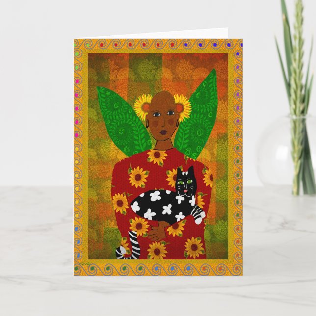 Carte De Remerciements Ange afro-américain avec chat et tournesol (Devant)