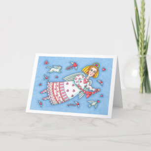 CARTE DE REMERCIEMENTS ANGE D'ART FOLK, CHAT ET COEURS DE VOL