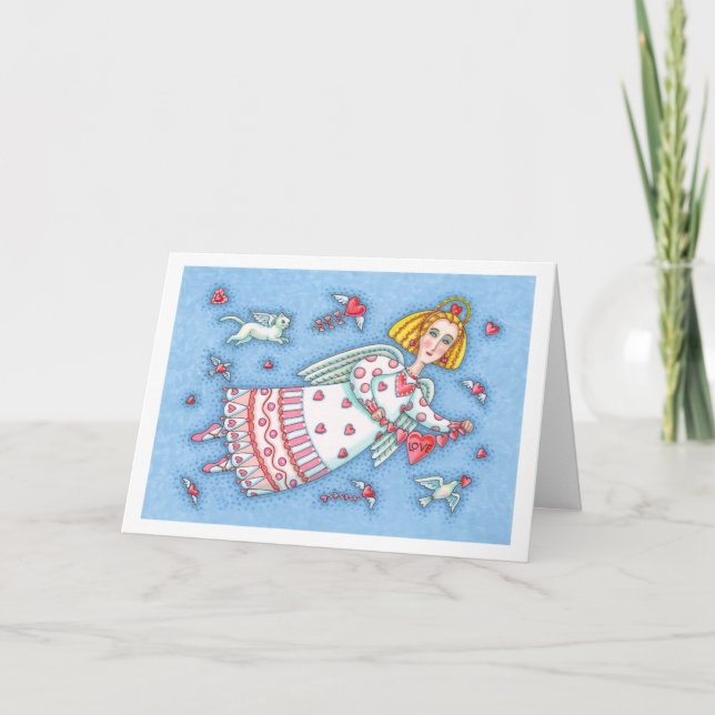 CARTE DE REMERCIEMENTS ANGE D'ART FOLK, CHAT ET COEURS DE VOL (Devant)