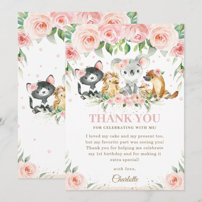 Carte De Remerciements Animaux australiens Blush rose Floral Birthday Bab (Devant / Derrière)