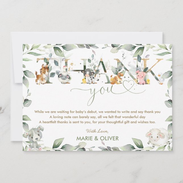 Carte De Remerciements Animaux de Ferme Chic Verdure Baby Shower Annivers (Devant)