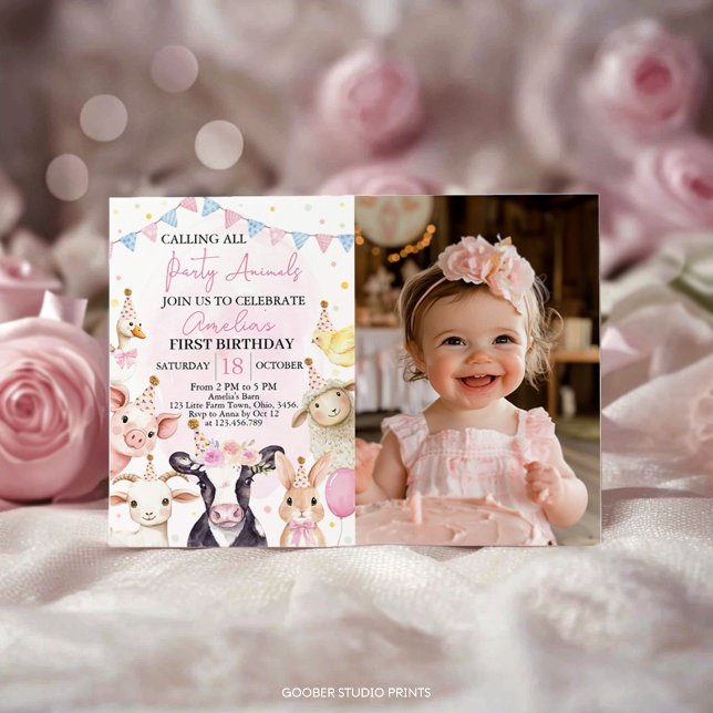 Carte De Remerciements Animaux de ferme Fille rose Anniversaire Photo Inv (Créateur téléchargé)