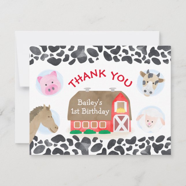 Carte De Remerciements Animaux de ferme Grange rouge Anniversaire (Devant)