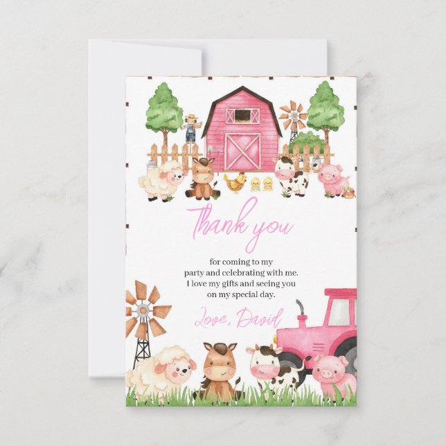 Carte De Remerciements Animaux de ferme roses fête d'anniversaire (Devant)
