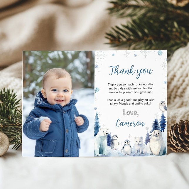 Carte De Remerciements Animaux de l'Arctique Photo d'anniversaire d'hiver (Créateur téléchargé)