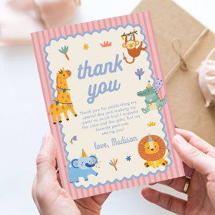Carte De Remerciements Animaux de Safari Mignons Fille 1er Anniversaire