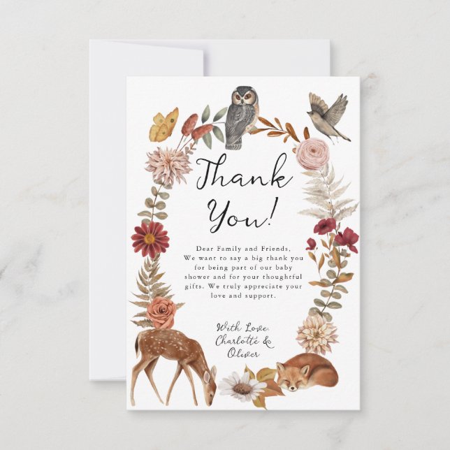 Carte De Remerciements Animaux forestiers des bois Baby shower neutre (Devant)