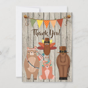 Carte De Remerciements Animaux mignons, Pèlerins Indiens Thanksgiving Fla