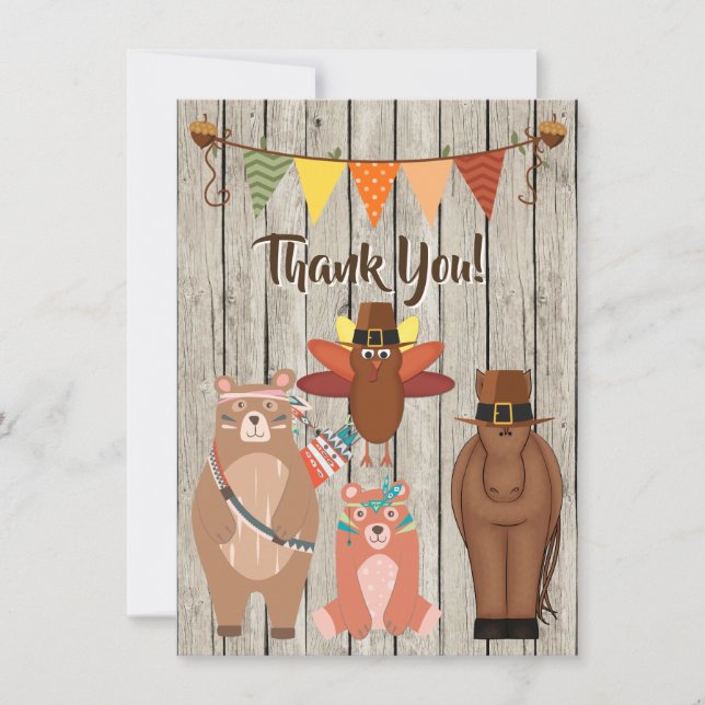 Carte De Remerciements Animaux mignons, Pèlerins Indiens Thanksgiving Fla (Devant)