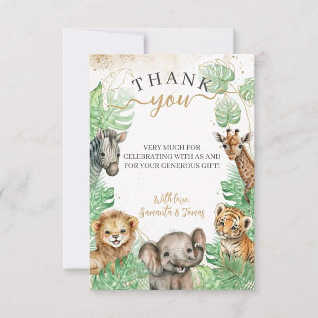 Carte De Remerciements Animaux Safari Baby shower de verdure tropicale (Devant)