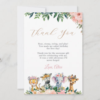 Carte De Remerciements Animaux sauvages de safari Fille Premier Anniversa