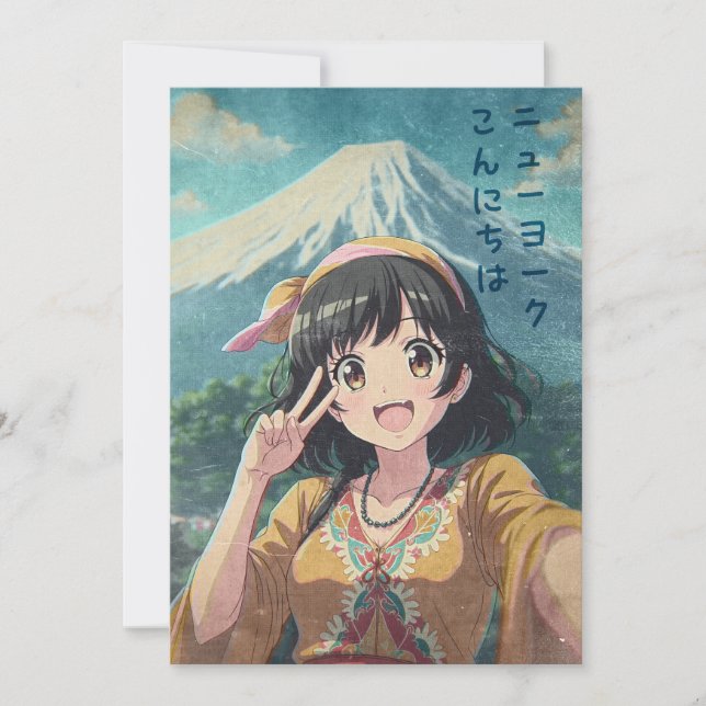 Carte De Remerciements Anime Girl at Mount Fuji, Japan - Retro Kawaii Art (Devant)