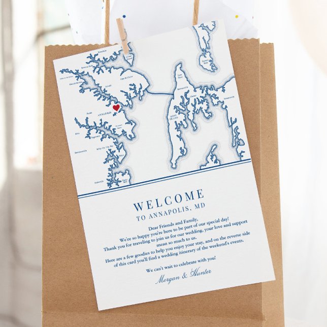 Carte De Remerciements Annapolis Maryland Mariage Bienvenue Itinéraire (These Annapolis Wedding welcome letters include a weekend events itinerary on the back)