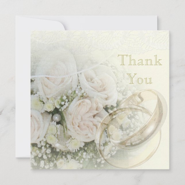 Carte De Remerciements Anneaux de mariage, roses, colombes et dentelle Me (Devant)