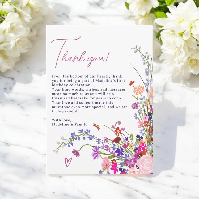 Carte De Remerciements Anniversaire 1 an Fleurs Modernes Mignonnes (Modern Cute Floral Wildflowers 1st birthday Thank You Card)