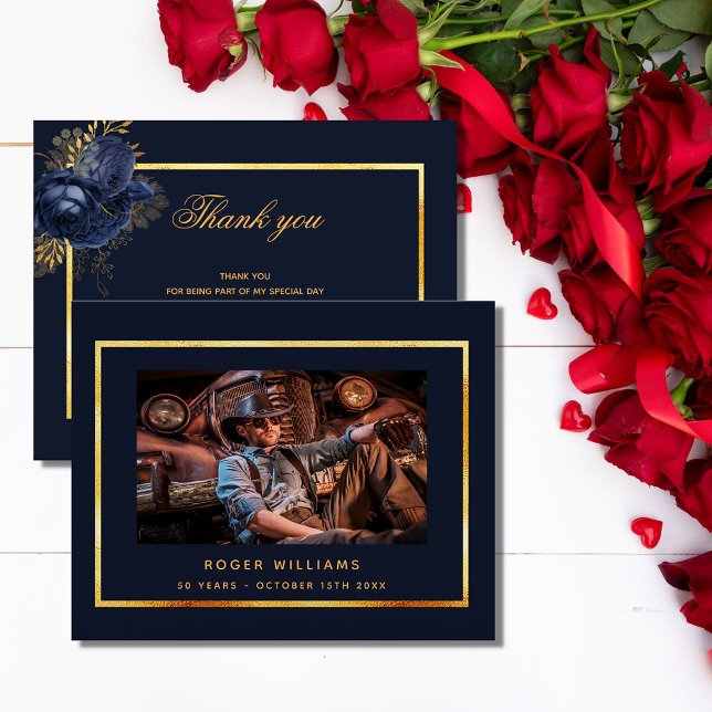 Carte De Remerciements Anniversaire bleu or photo homme gars (Créateur téléchargé)