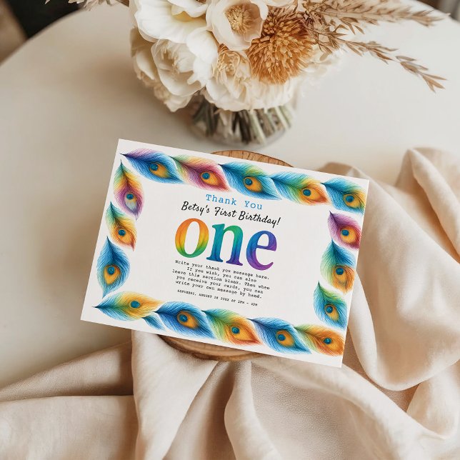 Carte De Remerciements Anniversaire de 1 an en aquarelle arc-en-ciel | Bé (Rainbow Watercolor 1st Birthday | Colorful Baby thank you card
)