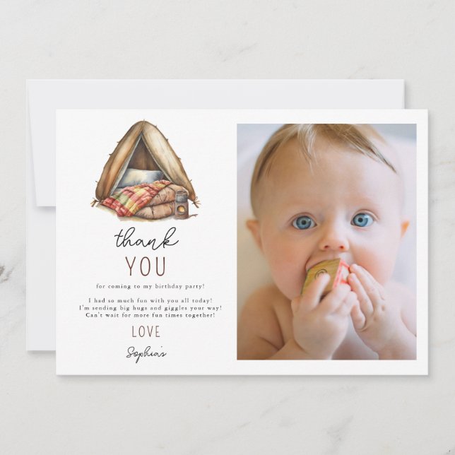 Carte De Remerciements Anniversaire de campeur en forêt d'aventure (Devant)