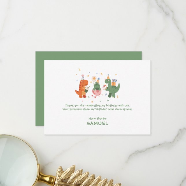 Carte De Remerciements Anniversaire de enfant de dinosaures enfantins col (Devant/Arrière en situation)
